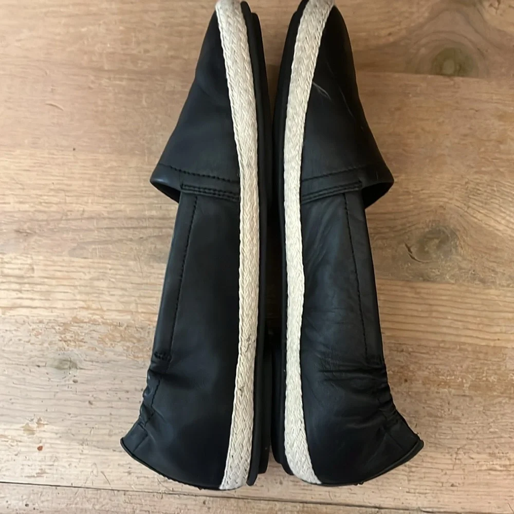 FitFlop Siren Espadrille Flats Black Leather Slip On Jute Detail Size 7.5